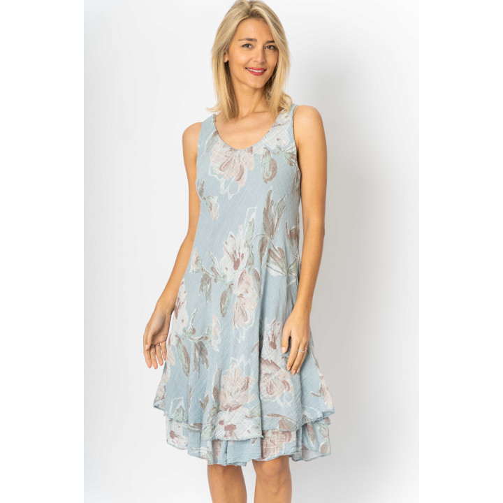 Sleeveless flower printed Dress.Totally lining and double layer at the bottom. Made in Italy