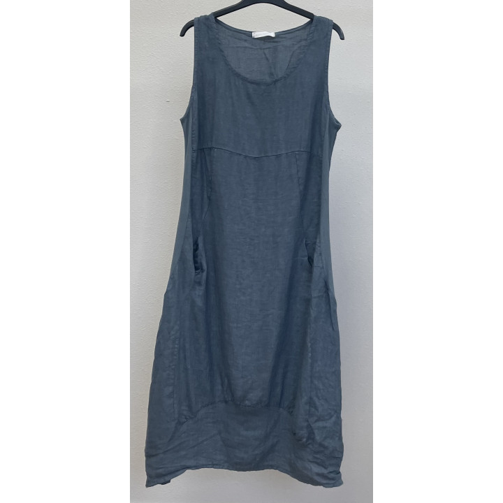 Flowers printed Balloon linen dress. Sleeveless, elastic band on side.  2 sizes S/M and L/XL  Linen  Made in Italy