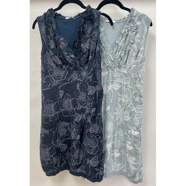 Linen Flower Print Ruffle Dress