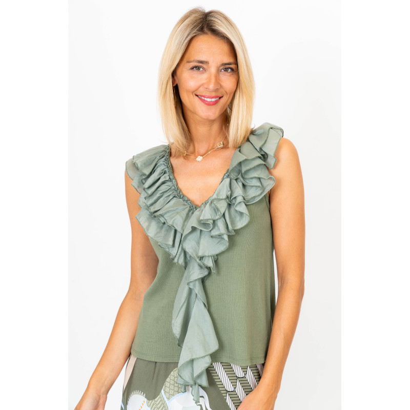 Sleeveless shirt Ruffle Neckline