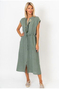 Cinched Waist Linen Dress...