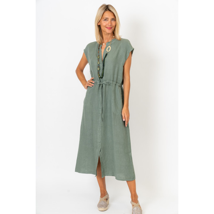 Cinched Waist Linen Dress W/Pockets