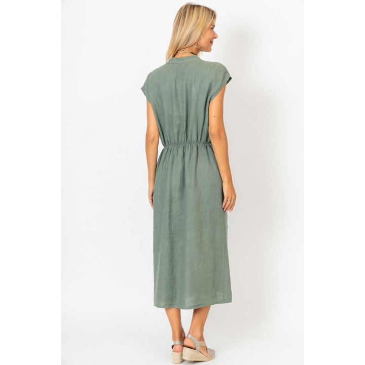 Cinched Waist Linen Dress W/Pockets
