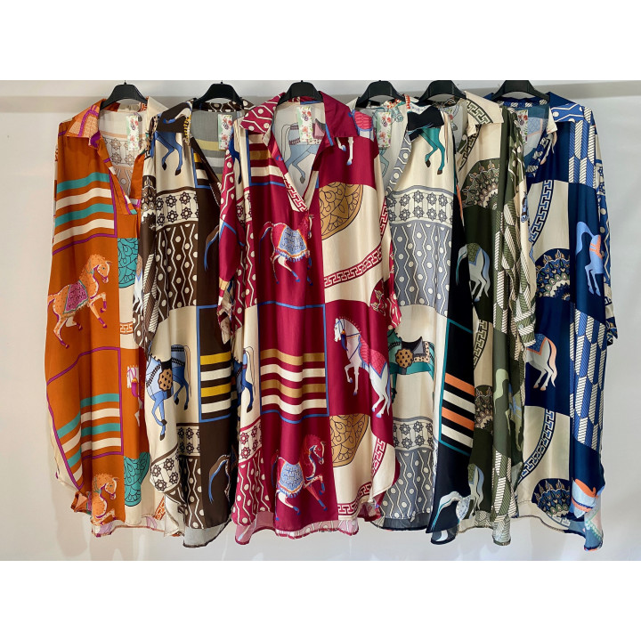 Printed Satin Dress – Horse & Geometric Pattern