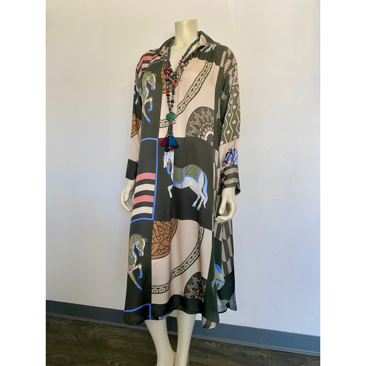 Printed Satin Dress – Horse & Geometric Pattern