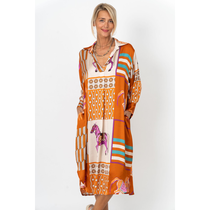 Printed Satin Dress – Horse & Geometric Pattern