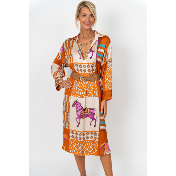 Printed Satin Dress – Horse & Geometric Pattern