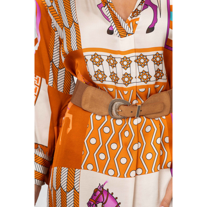 Printed Satin Dress – Horse & Geometric Pattern