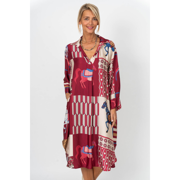 Printed Satin Dress – Horse & Geometric Pattern