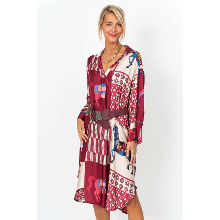 Printed Satin Dress – Horse & Geometric Pattern