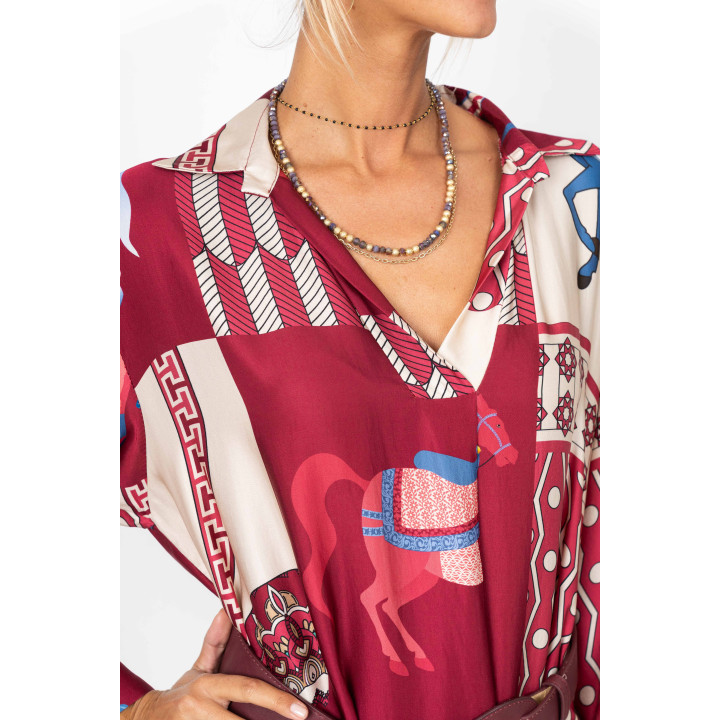 Printed Satin Dress – Horse & Geometric Pattern