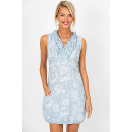 Linen Flower Print Ruffle Dress