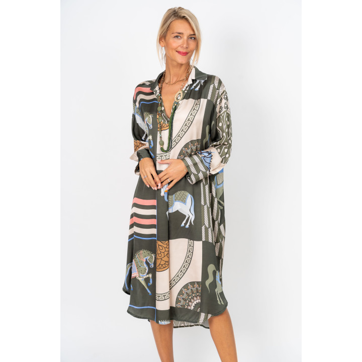 Printed Satin Dress – Horse & Geometric Pattern