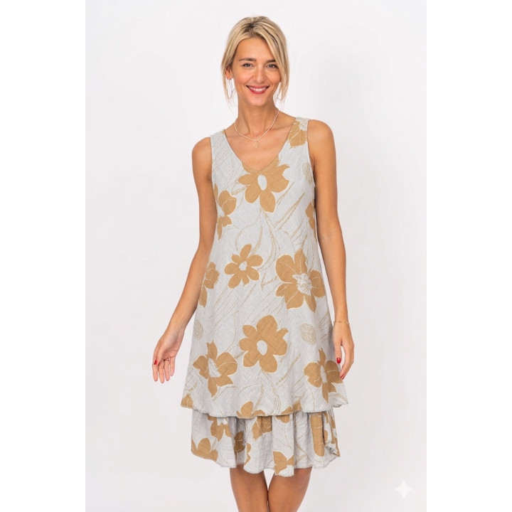 Gold Flowers Printed Sleeveless Dress