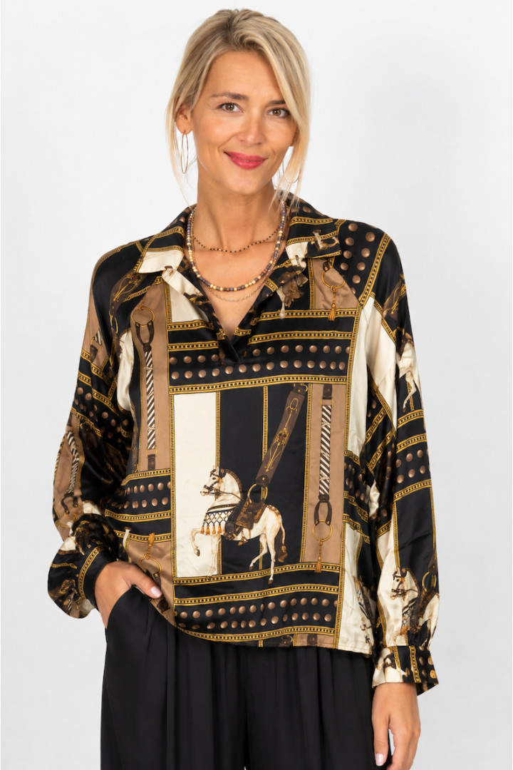 Horse and Belt Satin Blouse