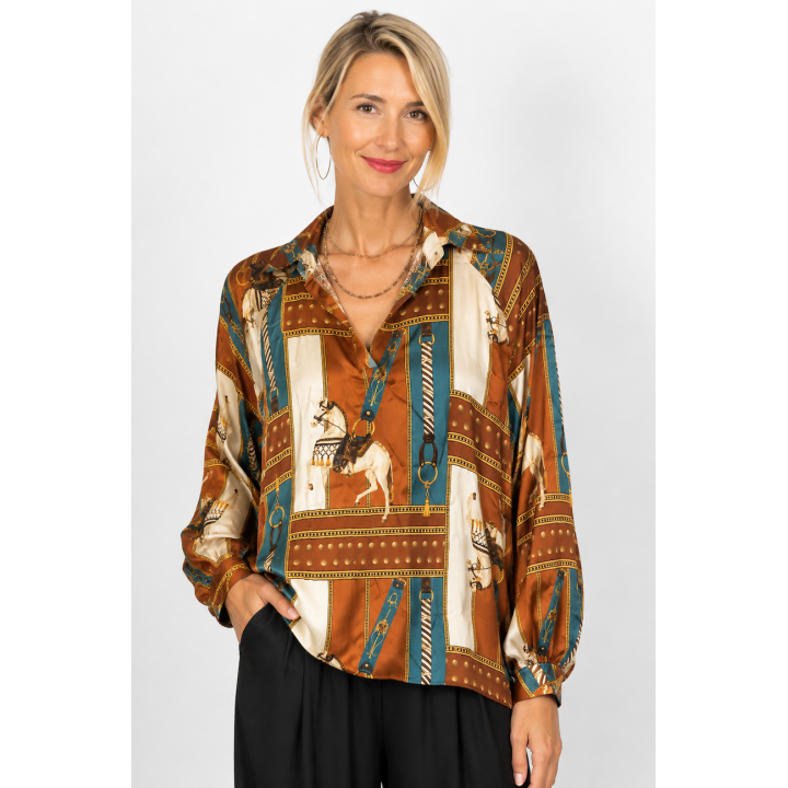 Horse and Belt Satin Blouse