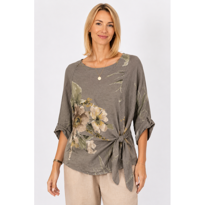 Floral Print Linen Wrap Tie Top
