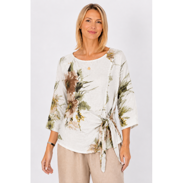 Floral Print Linen Wrap Tie Top