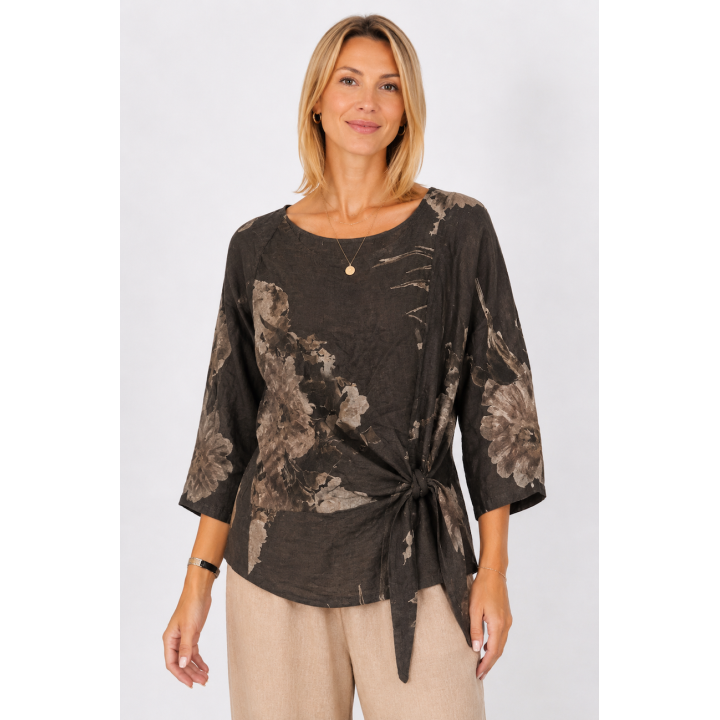 Floral Print Linen Wrap Tie Top
