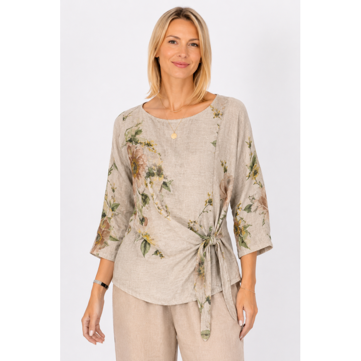 Floral Print Linen Wrap Tie Top