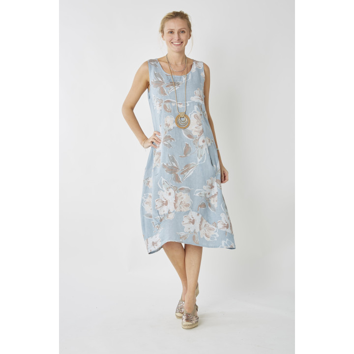 Flowers printed Balloon linen dress. Sleeveless, elastic band on side.  2 sizes S/M and L/XL  Linen  Made in Italy